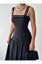 Women's Black Midi Dress Square Collar Lace Strap Layered Skirt Poplin Textured - 3
