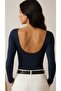 Women's Navy Blue Round Neck Long Sleeve Viscose Elastane Basic Blouse - 6