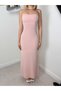 Women's Powder Strapless Long Maxi Dress with Gathered Detail and Tie Back - 5