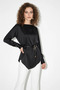 Women's Asymmetrical Cut Belt Detailed Satin Black Blouse - 5
