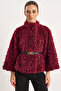 Women's Belt Detailed Soft Textured Plush Poncho Claret Red - 7