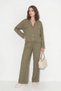 Women's Shirt Collar Balloon Sleeve Wide Leg Khaki Suit - 5