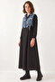 Women's Denim Garnished Long Flared Black Dress - 4