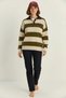Women's Oversize Striped Polo Collar Heart Pattern Embroidered Knitwear Cream Green Sweater - 6