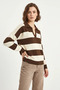 Women's Polo Collar Striped Knitwear Brown Cream Sweater - 2