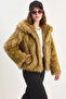Women's Wide Collar Lined Short Faux Fur Camel Black Jacket - 3