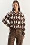 Women's Diamond Patterned Collared Zippered Knitwear Brown Ecru Cardigan - 8