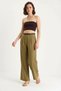 Women's Straw Belted Pocket Detailed Striped Linen Palazzo Khaki Trousers - 3