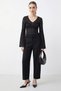 Women's V-Neck Pleated Detailed Spanish Sleeve Transparent Lace Black Blouse
