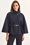 Women's Gold Button Detailed Belted Poncho Navy Blue - 7