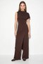 Women's Asymmetrical Cut Blouse with Elastic Waist and Pocket Detail, Loose Bitter Brown Trousers Set