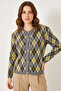 Women's Diamond Pattern Crew Neck Buttoned Knitwear Gray Cardigan - 2