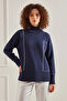Women's Turtleneck Geometric Patterned Knitwear Navy Blue Sweater - 8