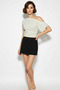 Women's Asymmetrical Waist-Fitted Viscose Bat Sleeve Ecru Black Blouse - 2