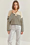 Women's Buttoned Collar Striped Knitwear Beige Black Sweater - 6
