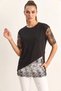 Women's Crew Neck Lace Garnished Asymmetrical Cut Relaxed Fit t Shirt Black - 4