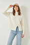Women's Turtleneck Knitwear Ecru Sweater with Front Slit - 5
