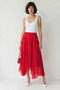 Women's Elastic Waist, Crush Effect, Lined, Flounce Long Red Skirt
