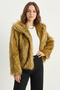 Women's Wide Collar Lined Short Faux Fur Camel Black Jacket - 2