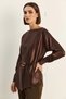 Women's Asymmetrical Cut Belt Detailed Satin Bitter Brown Blouse - 2