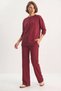 Women's Crew Neck Long Sleeve Top Ribbed Elastic Waist Loose Burgundy Pants Set - 4