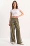 Women's Striped Elastic Waist Seasonal Palazzo Khaki Trousers with Pocket Detail - 5