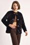 Women's Leather Buckle Detailed Lined Wool Textured Black Coat - 3