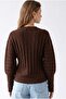 7042 Women's Soft Textured Ribbed Buttoned Knitwear Cardigan Brown - 5