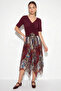 Women's Belt Detailed Patterned Lined Asymmetrical Chiffon Midi Burgundy Skirt - 4