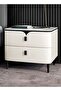 Multipurpose Use Modern Design Leather Upholstered Nightstand Spacious Rock Slab Tabletop Glossy Look Side Table Durable Solid Wood Storage Cabinet with 2 Drawers for Bedroom Living Room 50x40x47 cm
