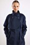 High Collar Cape Detailed Water Repellent Trench Coat Dark Blue 6889 - 6