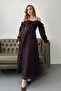 Brown Shoulder Detailed Lined Ruffled Chiffon Dress - 2