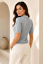 Women's Gray Polo Collar Short Sleeve Buttoned Openwork Knitwear Blouse 23070 - 3