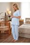 New Season Blue Double-Breasted Easy Breastfeeding Design Short Sleeve 100% Cotton Maternity Pajama Set - 2