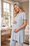 New Season Blue Buttoned Breastfeeding Compatible Design Lace Detailed Short Sleeve Maternity Pajama Set 3-Piece Set - 7