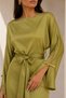Satin Belted Midi Dress with Sleeve Detail - Olive Green - 3