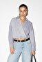 Navy Blue Double-Breasted Collared Crop Skirt Elastic Striped Shirt Tdrss26Go00082