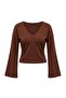 Kahverengi Düz Fitted V Yaka İspanyol Kol Crop/Kısa Pamuklu Esnek Örme Bluz TWOAW27BZ00079