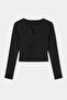 Siyah Düz Fitted Kaçık Yaka Crop/Kısa Pamuklu Kaşkorse Örme Bluz TWOAW27BZ00072 - 5