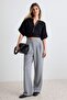 Yunus Gri Cırt Cırt Kapamalı Yüksek Bel Pileli Wide Leg/Geniş Kesim Örme Pantolon TWOAW24PL00177