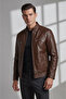 Brown Hector Hakim Collar Zippered Lined Men's Genuine Leather Coat
