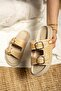 Bred Women's Straw Detailed Buckle Thick Sole Slippers