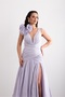 Stylish Evening Gown with V-Neck, Draped Back, Front Slit, and Shoulder Pleat Accessory Detail. - 3