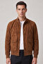 Camel Knox Men's Buttoned Lined Waist and Sleeve Knitwear College Genuine Suede Coat - 2