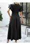 Women's Short Sleeve Double-Breasted Collared Front Asymmetrical Ruffled Long Imported Crepe Dress - 5