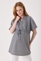 Maternity Black Poplin Cotton Striped Pattern Blouse with Waist Tie and Collar Button Detail (Breastfeeding) - 7