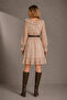 Camel Chiffon Lined Dress with Puppy Flower Pattern - 2