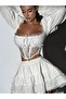 Embroidered Lined Corset Detailed Balloon Sleeve Shoulder Padded White Bustier Skirt Two-Piece Set - 3