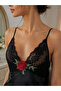Satin Lace and Laced Rope Strap Oversized Large Size Nightgown Black - 3