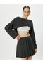 Crop Double Breasted Knitwear Sweater Asymmetrical Cut Long Wide Sleeve Boat Neck - 3